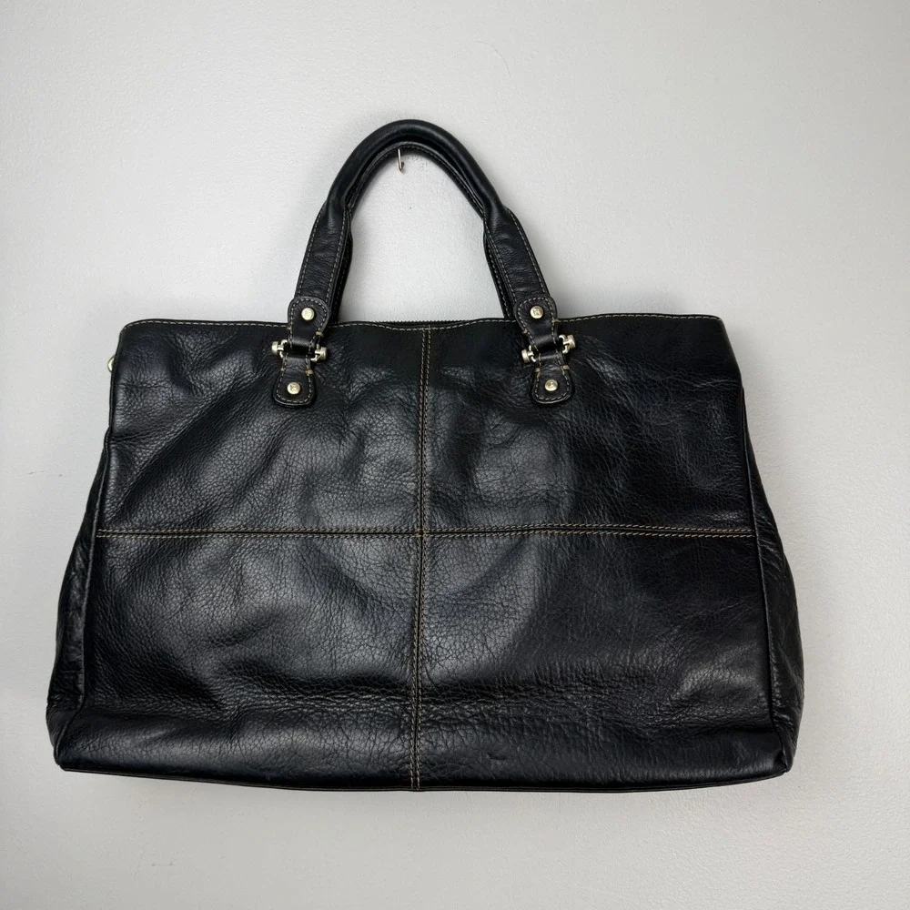 Liz Claiborne Briefcase Tote Bag Women's Black Leather Contrast Stitch Front Zip